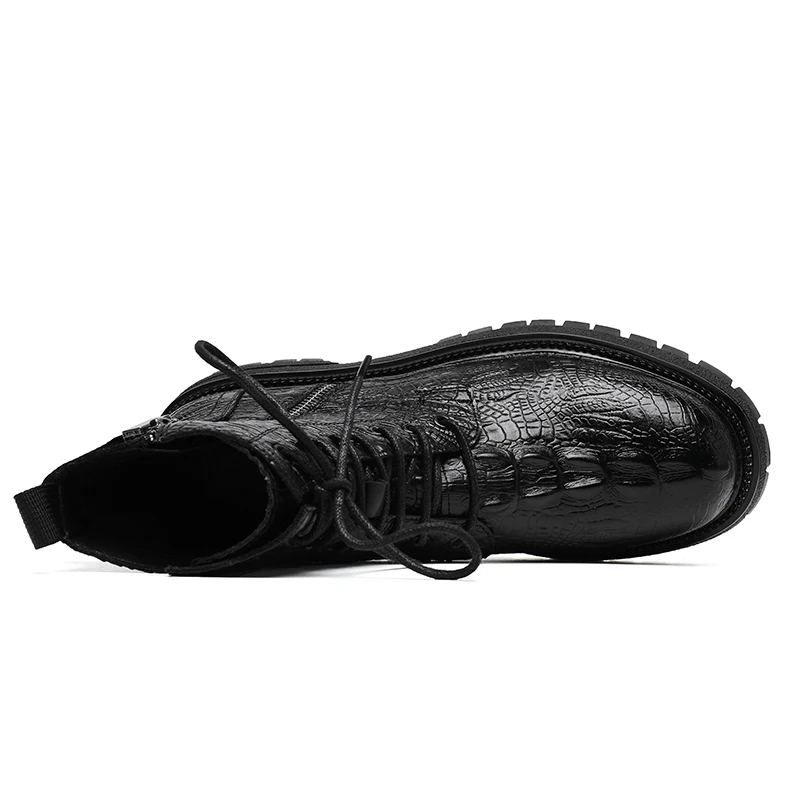 Мужские высокие ботинки из крокодиловой кожи черные мартинсы на платформе