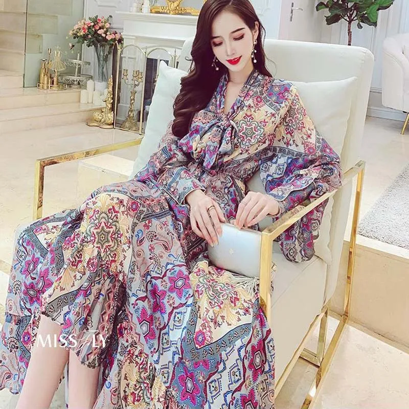 

Holiday National Style Printed Chiffon Dress Lantern Sleeve Autumn Dress 2020 New Female Office Lady Sheath Knee-Length