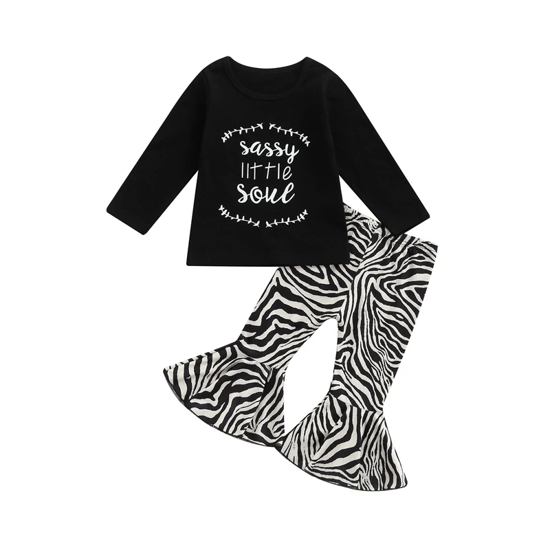 

Toddler Kids Girls 2 Pieces Outfit, Long Sleeve Letter Print Tops + Zebra-Stripe Flare Pants Autumn Set For Toddler Babies