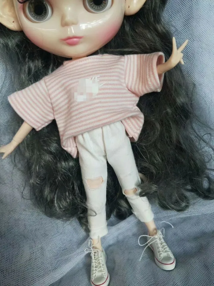 

Blythes doll dress 1/6 size fashion red or pink striped T+ white Korean ripped jeans or white versatile shorts 2 pieces set