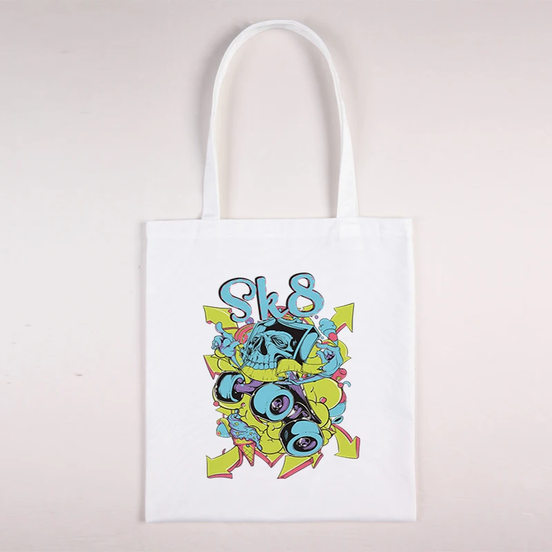 

Skull Bags 2021 Canvas Shopper Bag Ecobag Designer Handbags for Women Tote Shoulder Reusable Fabric Printed Shopping Boutique