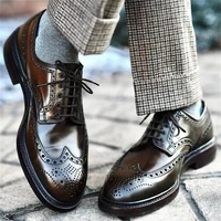 2021 new men fashion trend dress shoes handmade dark brown pu hollow carved round head low heel lace classic brogue shoes hl833