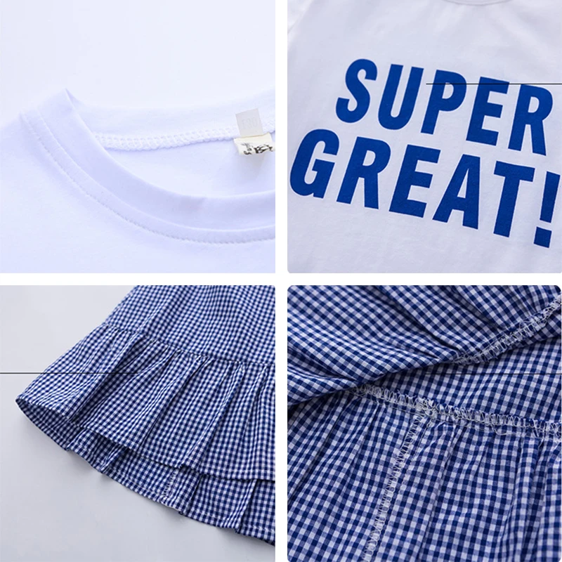 Комплект летней хлопковой одежды для девочек клетчатые юбки + футболки с принтом