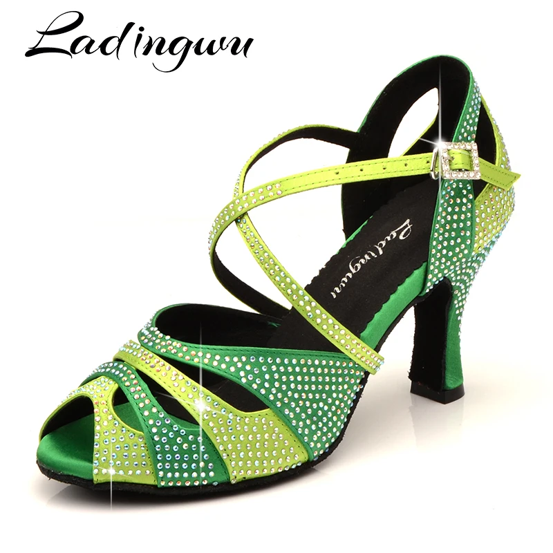 Ladingwu elmas taklidi dans ayakkabıları Latin Salsa dans kızlar ayakkabı koyu yeşil açık yeşil degrade dans ayakkabıları kadın pembe küçük ağız