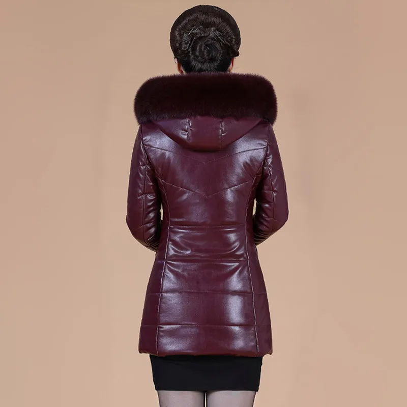 L-8XL Woman Leather Jacket Winter 2022 Fashion Overcoat Thicken Warm Fur Collar Hooded Sheepskin Coat Camel Outerwear Female