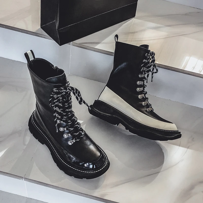 Murah MoonMeek 2020 Merek Baru Fashion Sepatu Bot Kulit Asli Yang Nyaman Sepatu Sederhana Renda Warna Campuran Musim Dingin Untuk Wanita