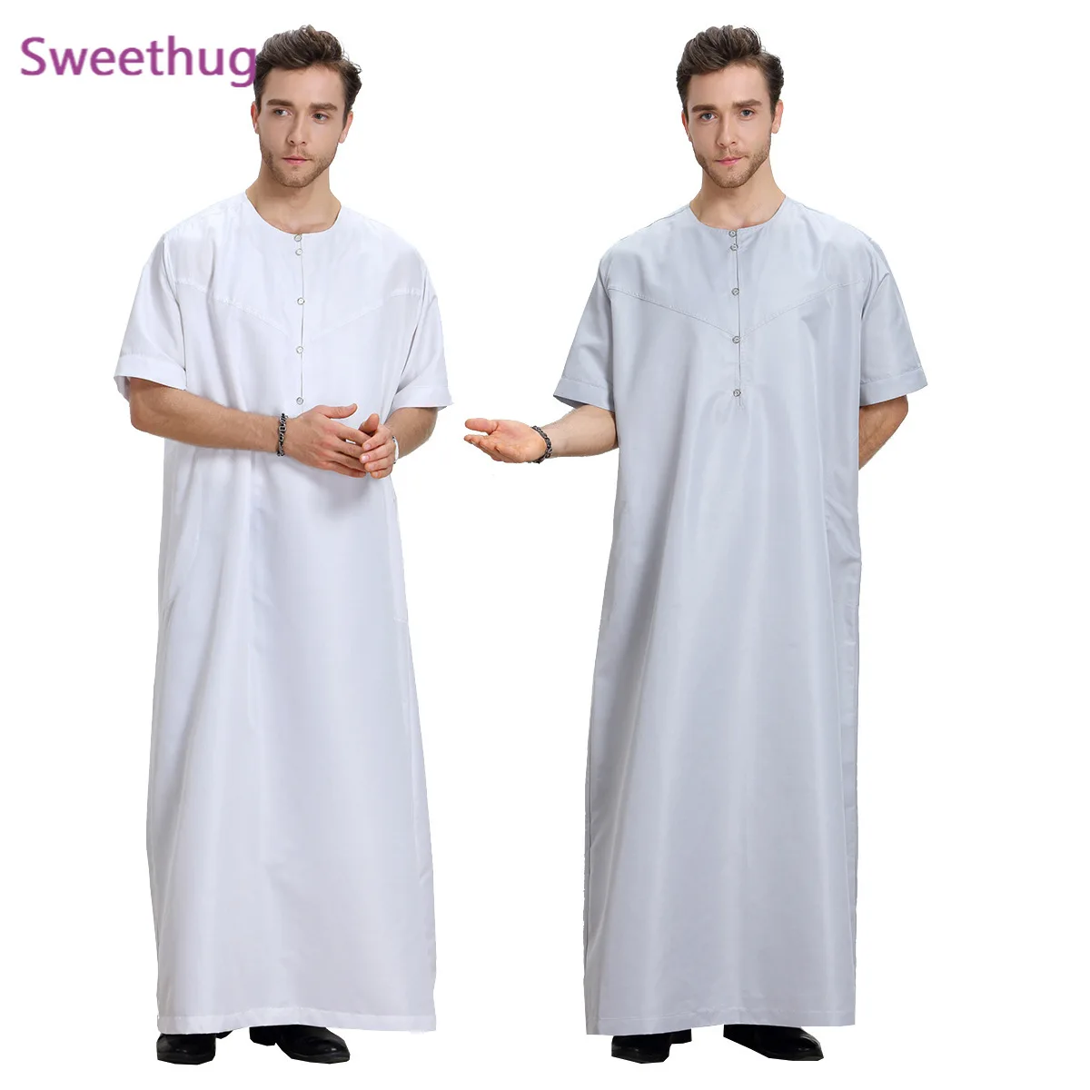 2021 Caftan Marocain Muslim Men Abaya Saudi Arabia Short Sleeve Islamic Clothing Kleding Mannen Qamis Homme Robe Muslim