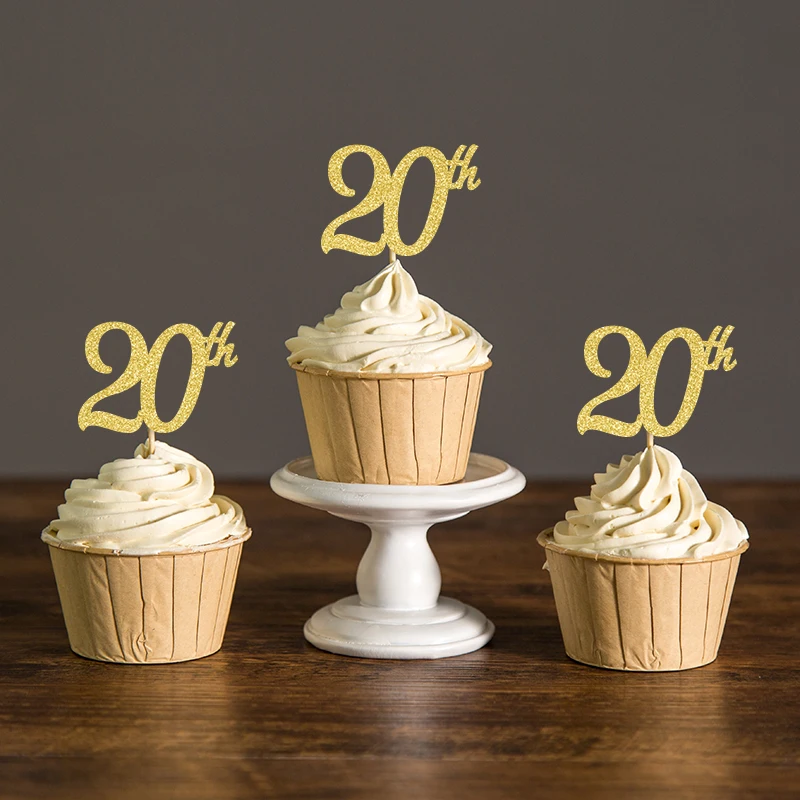 Золотые/Серебристые/черные блестящие 20 капкейковые топперы для празднования дня