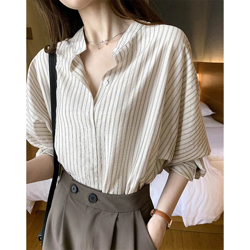 

Casual Spring Autumn Striped Blouse Women Clothes 2021 Korean Style Womens Tops And Blouses Office Lady Blusas Shirt #H21
