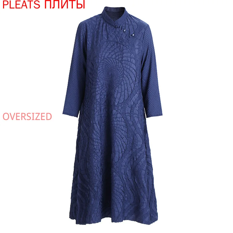 

Pleats Dress Autumn Blue Mid-length Vestido Temperament Commuter Hedging Loose Waist Solid Color Mid-length Dresses