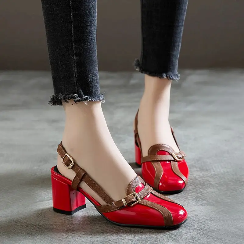 

AGODOR 2020 Patent Leather Women Pumps Multicolor Mid Block Heel Pumps Ladies Slingback Square Toe Spring Pumps Size 33-46
