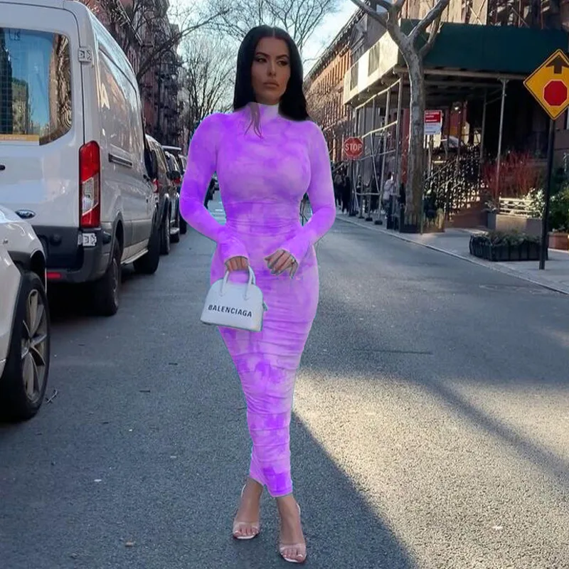 

Colorful Tie Dye Print Bodycon Ankle-length Dress Classic Street Sexy Women Stand Collar Full Sleeve Robe 4 Color Gowns