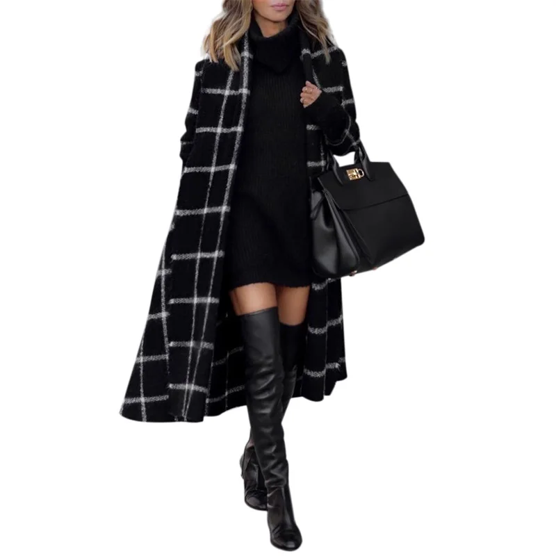 

2019 Spring Autumn Women's Wool Plaid Coat New Fashion Long Woolen Coat Slim Type Female Winter Casual Wool Jackets Female Outw