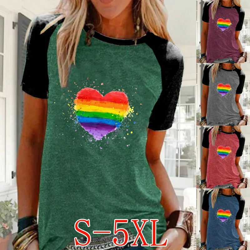 

Женская летняя модная футболка с коротким рукавом и круглым вырезом, Повседневная рубашка с принтом радужного сердца, свободная блузка, топ...