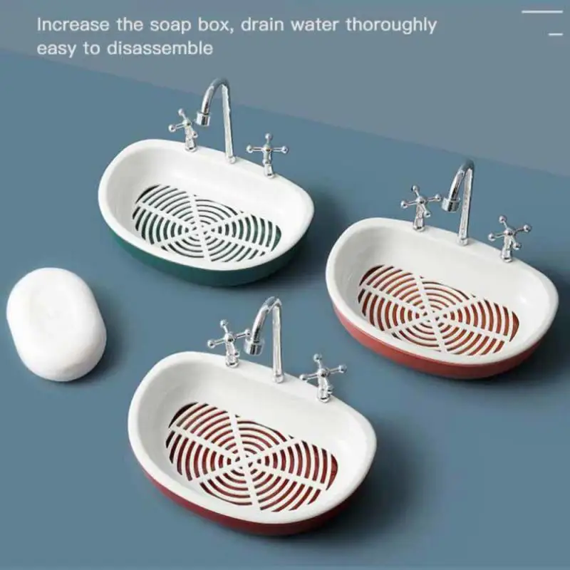 

1PC Plastic Soap Storage Box Punch-free Sponge Holder Double-layer Soap Organizer Faucet Shape Drain Rack Home Bathroom Tool