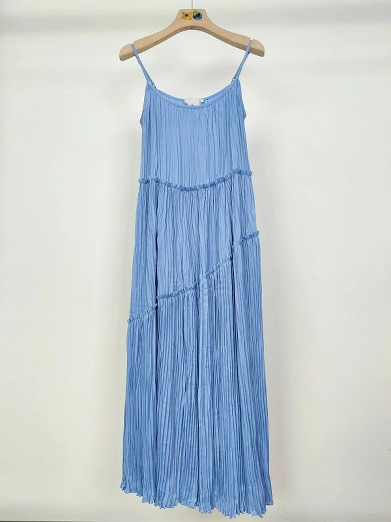 

Leisure Vacation Style Sling Pleated Ruffled Asymmetrical Sexy Dress
