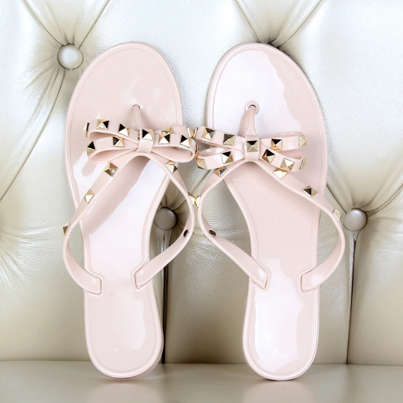 

Hot 2019 Fashion Summer Shoes Woman Flip Flops Cool Beach Rivets big bow flat sandals Brand jelly shoes sandals girls size 36-40