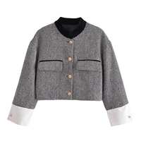 women fashion patchwork tweed cropped jacket coat vintage long sleeve button up female outerwear chic tops