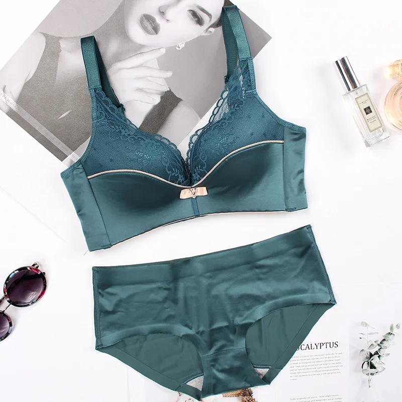 green bra set Meizimei, кружевной deepV сексуальный бюстгальтер без косточек, комплект нижнего белья пуш-ап для женщин, маленький размер, бюстгальтер для девушек, тонкие трусики, бюстгальтер для девочек, ABC cup - Цвет: green bra set