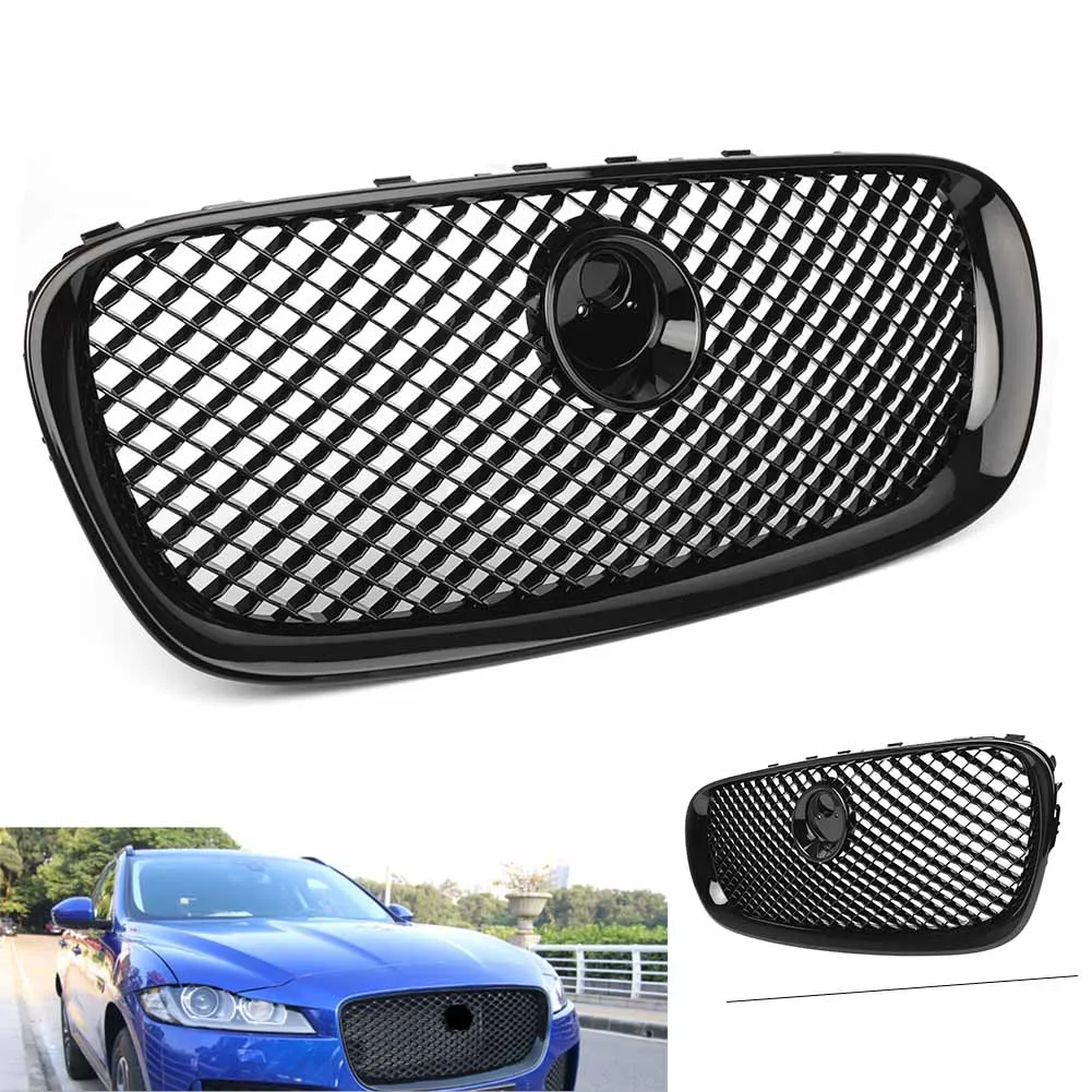 

ABS Car Front Radiator Upper Grille w/ Logo For Jaguar XF X-F 2008 2009 2010 2011 Mesh Molding Grill with Emblem Gloss Black