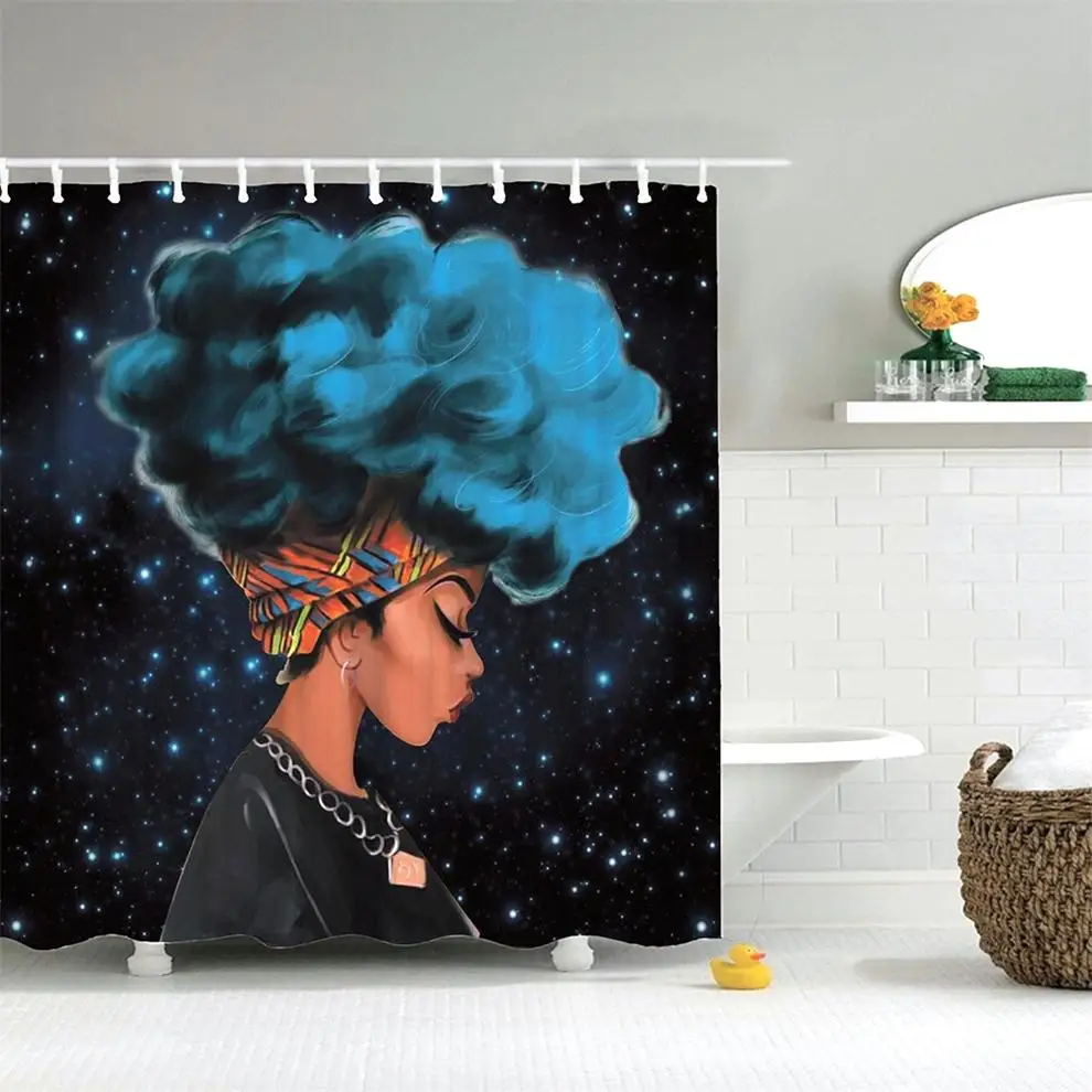 Африканская занавеска для душа Dafield черная с синими волосами ткань из полиэстера