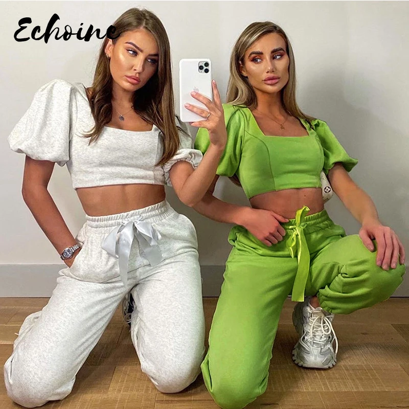 

High Quality Top and Drawstring Pant 2 Piece Set Women Streetwear Leisure Solid Sport Fitness Outfit Cotton Tracksuit Summer