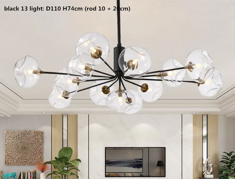black 13 light Подвесная освещающая Люстра для гостиной в скандинавском стиле G9, светодиодная люстра черного/золотистого цвета с металлическим стеклом, светодиодная люстра Lamparas - Цвет абажура: black 13 light