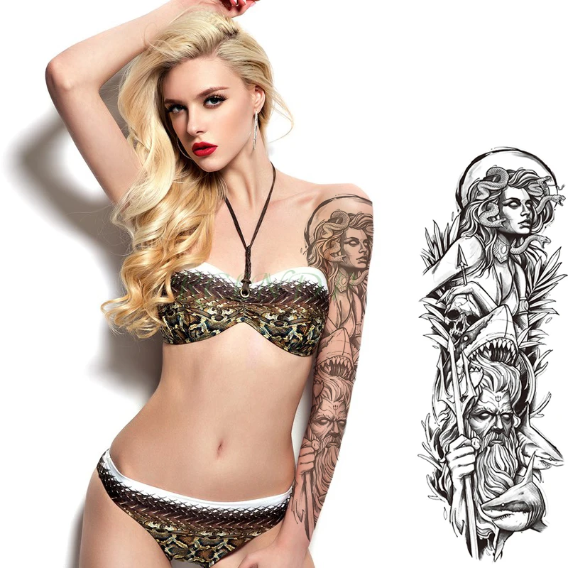 Waterproof Temporary Tattoo Sticker Arrow Medusa Sexy Girl Shark Zeus Skull Full Arm Leg Fake Tatto Flash Tatoo For Men Women | Красота и
