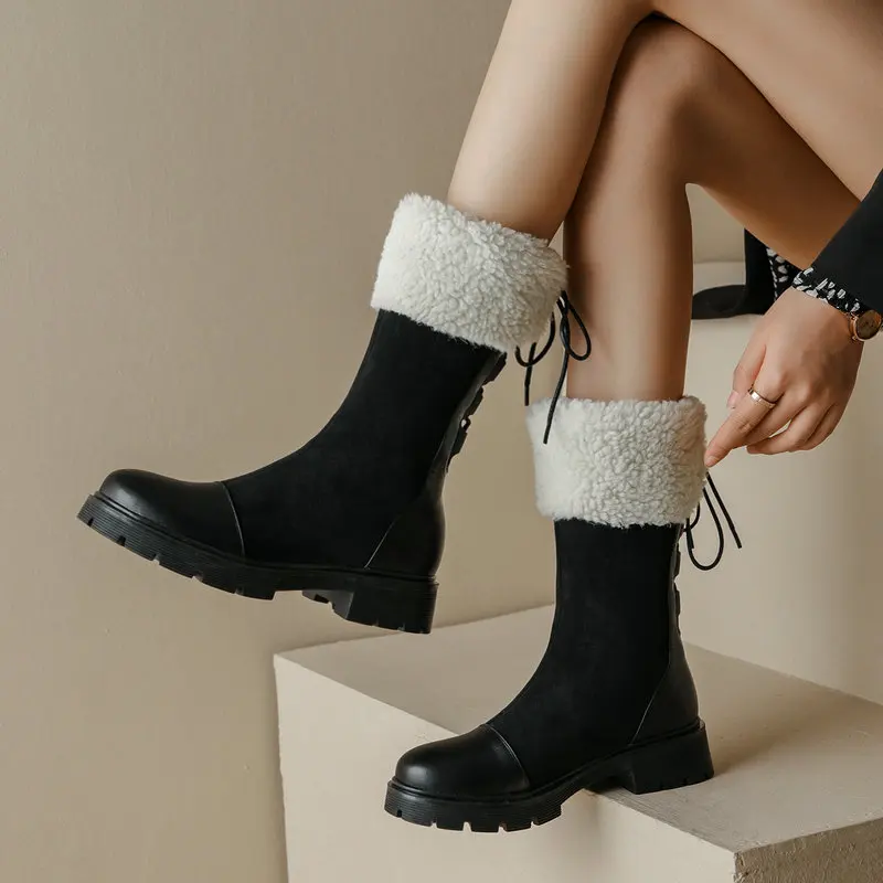

Женские теплые сапоги до середины икры, зимние сапоги на платформе с перекрестной шнуровкой, удобная женская обувь на низком каблуке