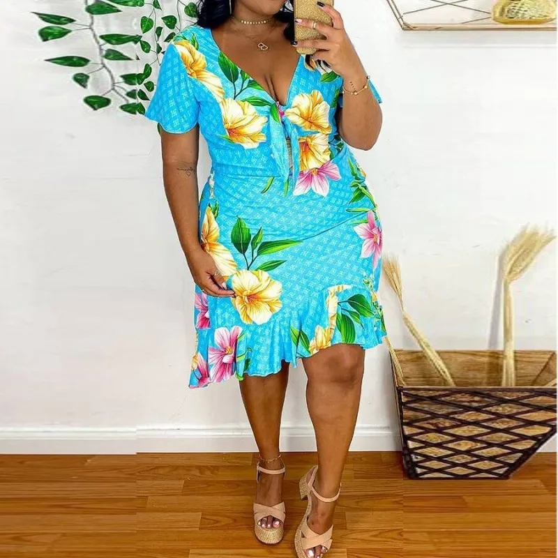 

African Ruffle Dress Women 5XL Plus Size Sexy V Neck Short Sleeve Summer New Floral Print Beach Wear African Blue Dress Vestidos