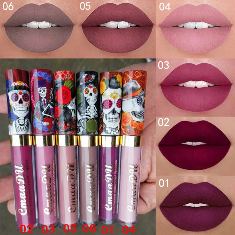 

6-color matte metal pearl skull single lip gloss tubes Lipstick Moisturizer Lip Plumper Volume Long Lasting Sexy Big Lips