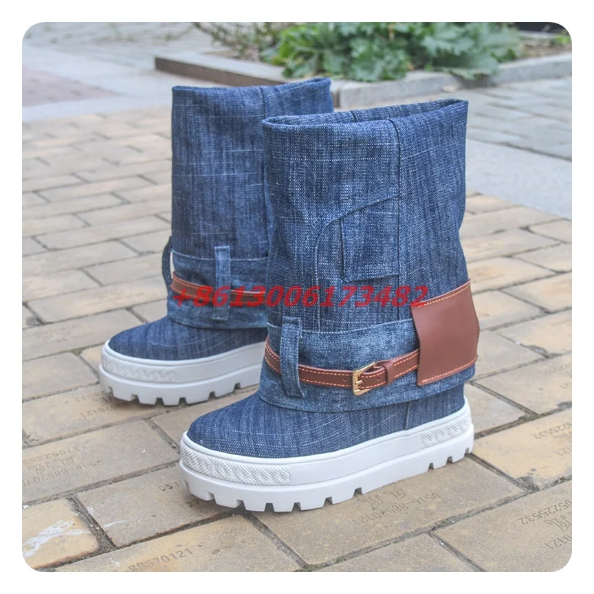 Женские джинсовые ботильоны на платформе синие ботинки средней длины толстой