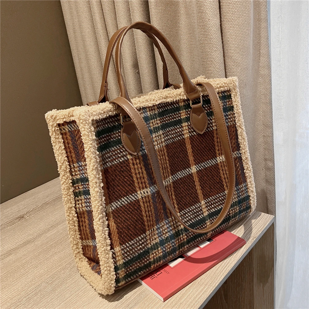 

Color Contrast Woolen Cloth Plaid Double Handle Tote Bags For Women Brand Design Plush Trimmed Female Shopper Shoulder Bag 2022