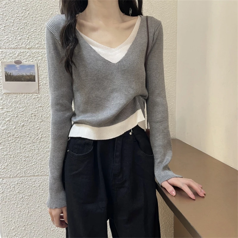 

Spring Fake Two-piece Women Sweater Autumn V-Neck Long Sleeve Knit Casual Patchwork Female Pullovers Chic Tops