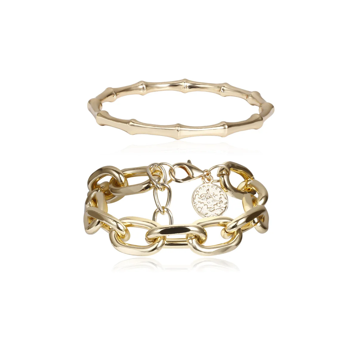 

2 Pieces/set Metal Chain Vintage Coin Ladies Bracelet Fashion Bamboo Chain Creative Bangle for Wowen Party Jewelry Gifts