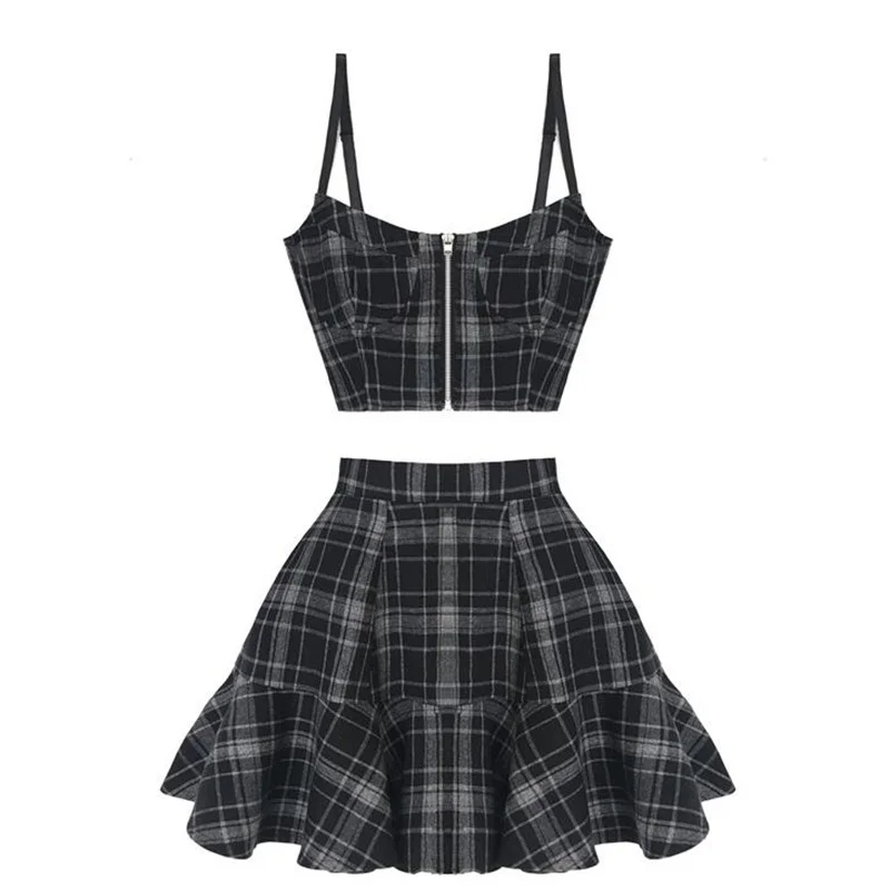 

2021 Summer Gothic Y2k Two Pieces Set Women 2 Piece Plaid Crop Top + High Waist Mini Skirt Punk Streetwear Skirts Sets Female
