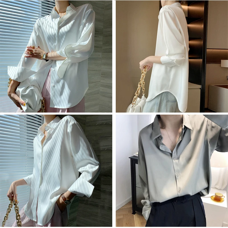 

2021 fruhling frauen Weibes Hemd Oversize Lange Sleeve Button Up Satin Seide Hemd Bluse Vintage Casual Frauen Kleidung neue