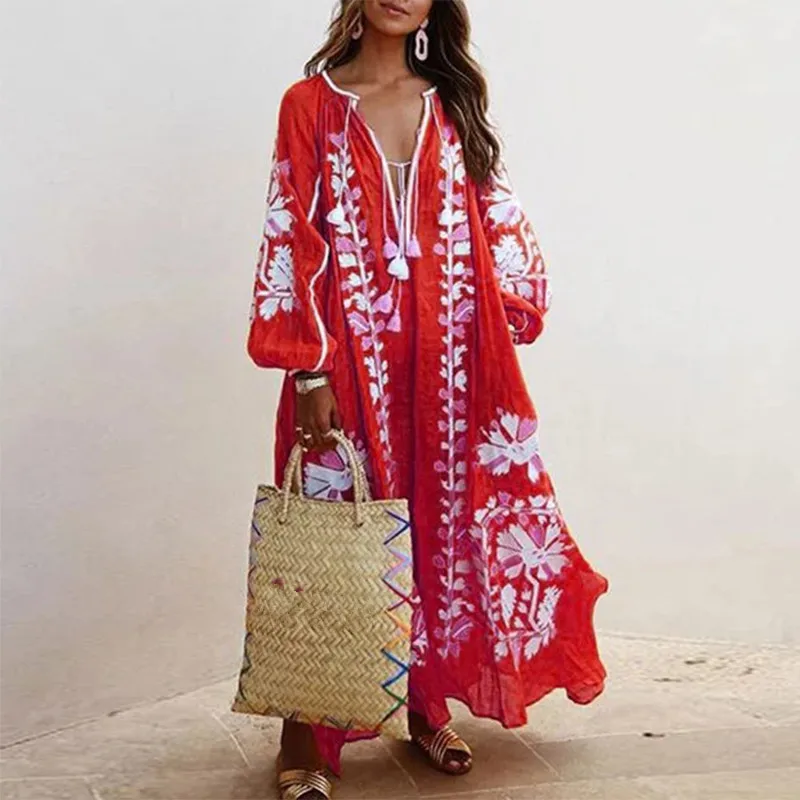 

Bohemian Floral Print Tassel Long Elegant Dress Spring Vintage V Neck Loose Lady Dresses Casual Long Lantern Sleeve Women Dress