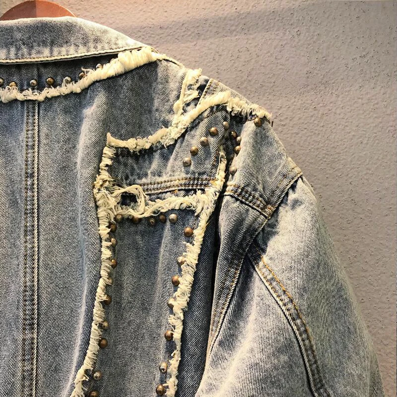

Spring Beading Rivets Denim Jacket Women Plus Size Coat Hole Patch Jeans Jacket Women Harajuku Jacket High Street Outwear