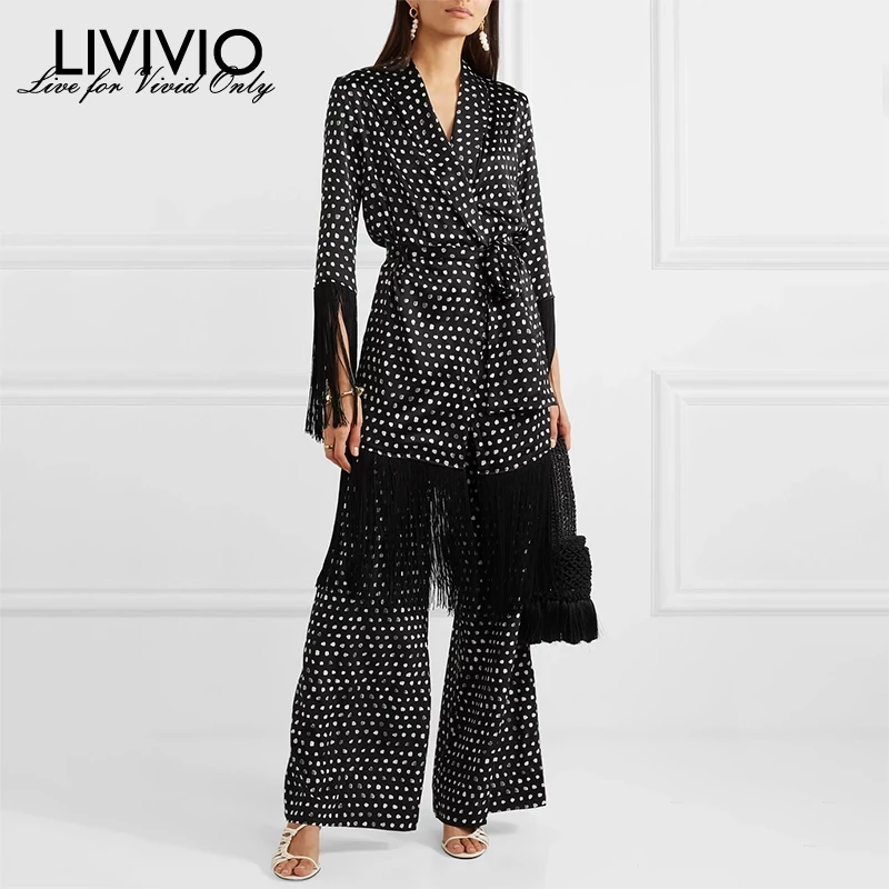 [LIVIVIO] женские комплекты в горошек, платье на шнуровке, лоскутное длинное пальто с кисточками, широкие штаны, комплект из двух предметов, Женский