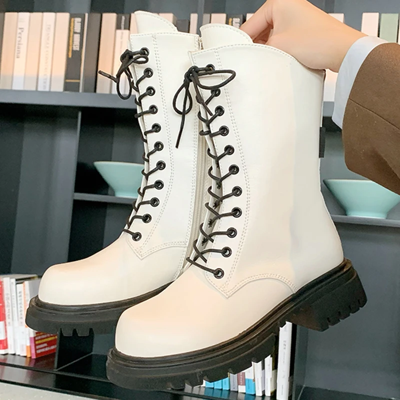 

Women Mid Calf Motorcycle Boots Female Autumn Winter Fashion Round Toe Zipper Shoes Ladies Spring Martin Chelsea Boots 2021