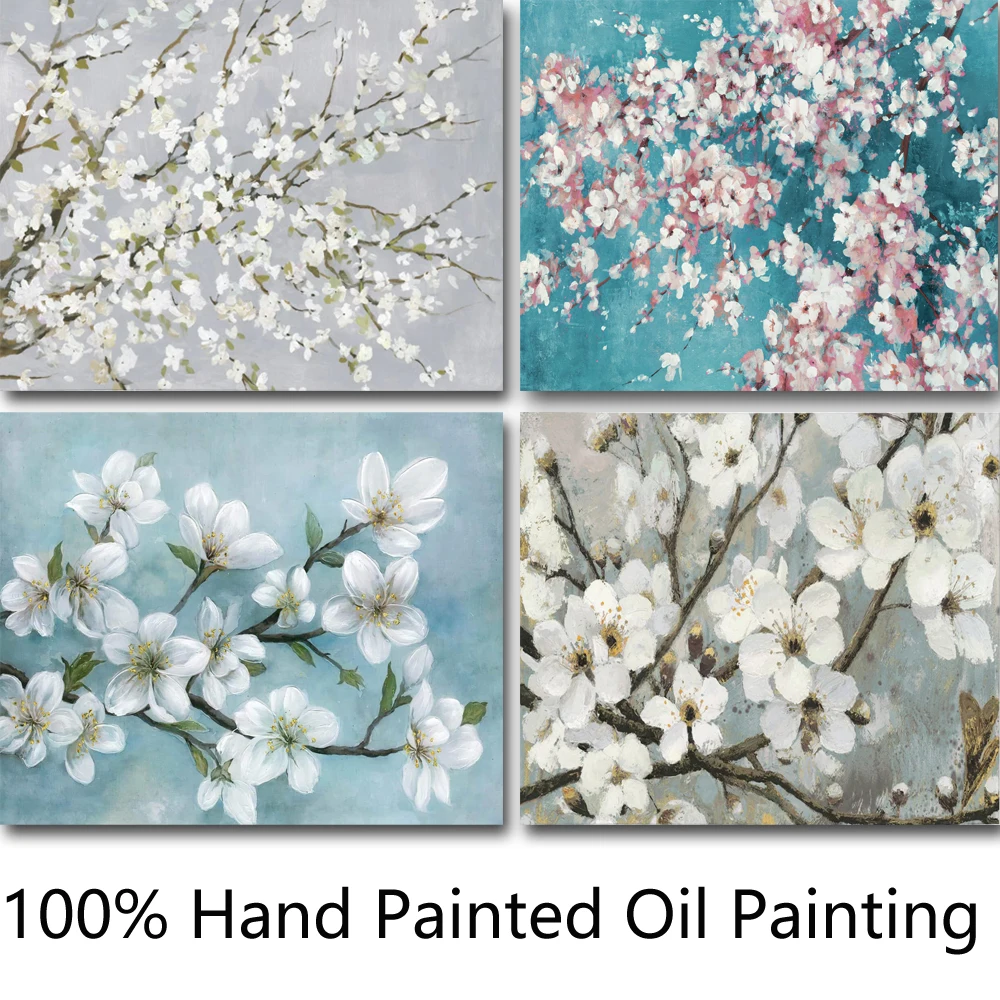 

Холст с цветами вишни, картины маслом ручной работы, современные цветы, искусство, красивое дерево для гостиной, офиса, Настенный декор, боль...
