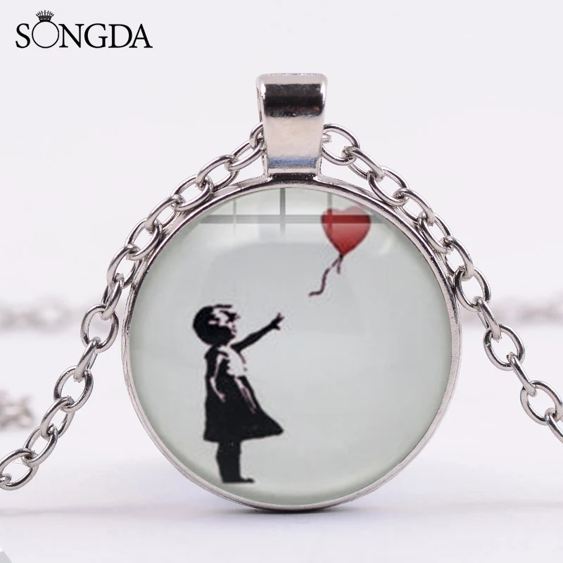 Граффити Бэнкси ожерелье с сердцем и воздушным шаром кулоном-кабошоном