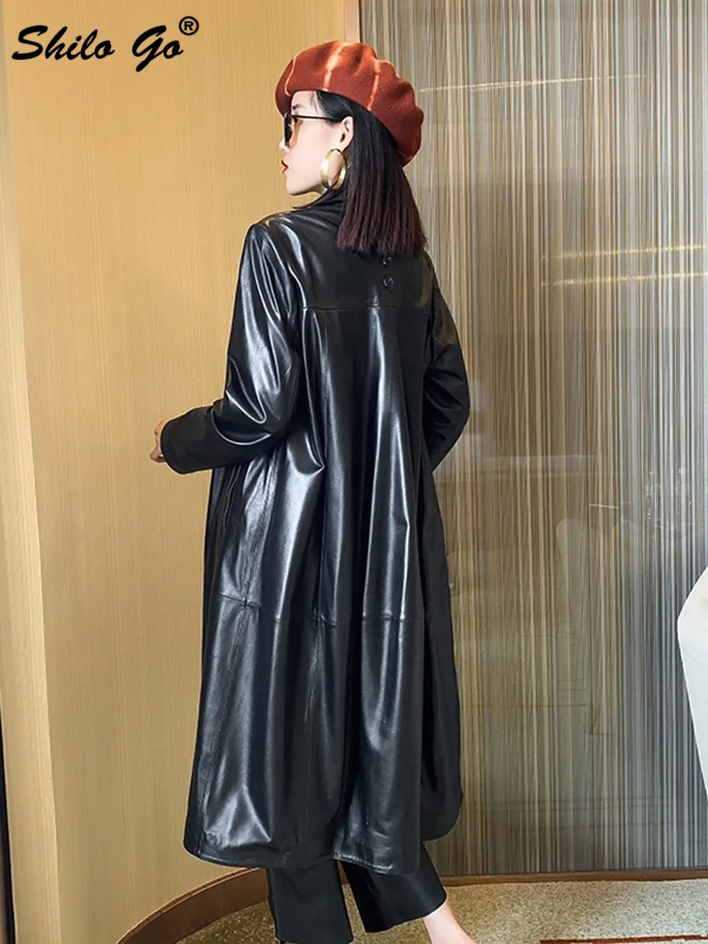 

Elegant Peter Pan Collar Single Breasted Knee-Length Trench Women Elegant Office Lady Genuine Leather Coat Sheepskin Outwear