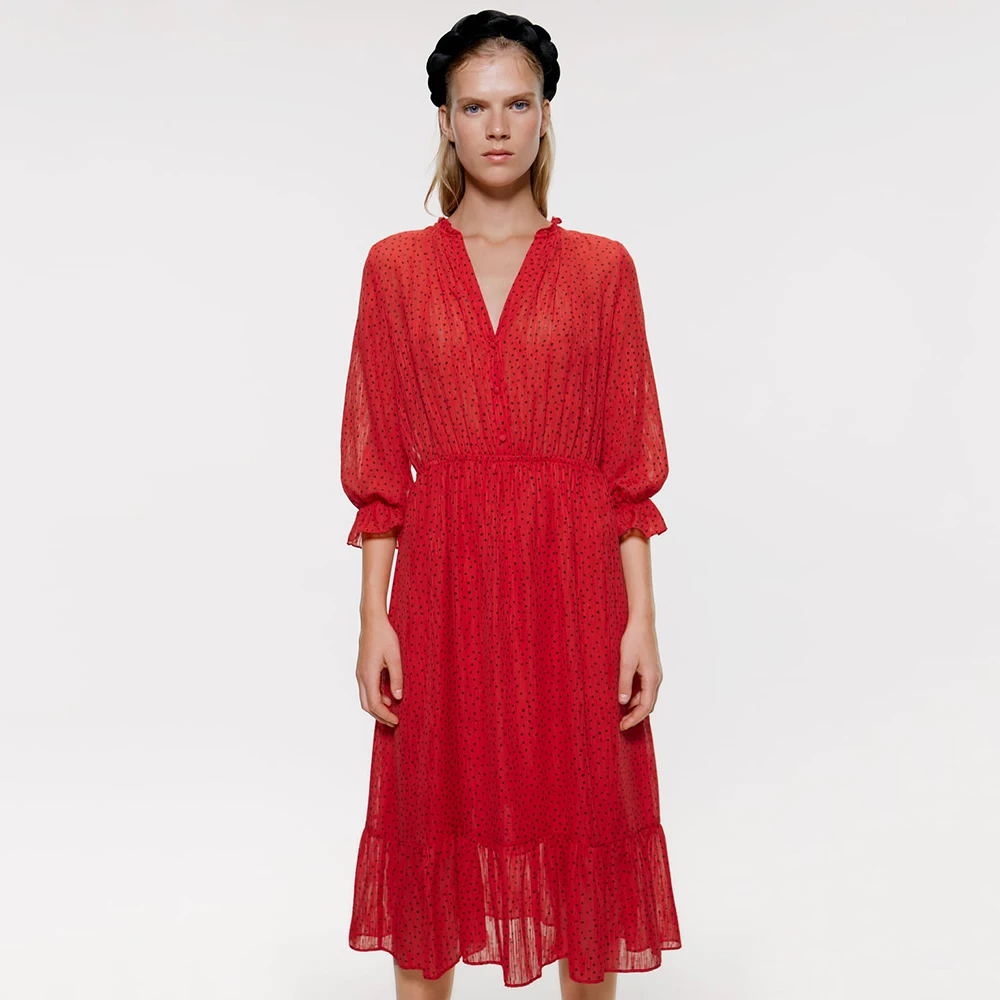 Женское длинное платье ZA повседневное красное многослойное Бохо С v-образным