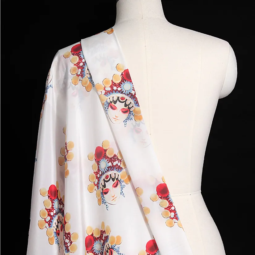 

105cm Width Women's Exclusive Printed Beijing Opera Flower Dan Mask Mulberry Silk Crepe Chine Fabric