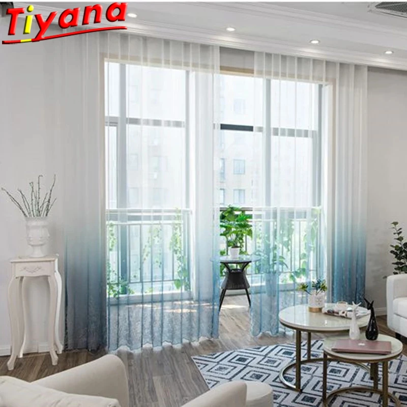 

European Luxury Embroidered Tulle Curtain for Living Room Elegant Blue Gradient Embroidery Window Drapes Bedroom X-HM395#30