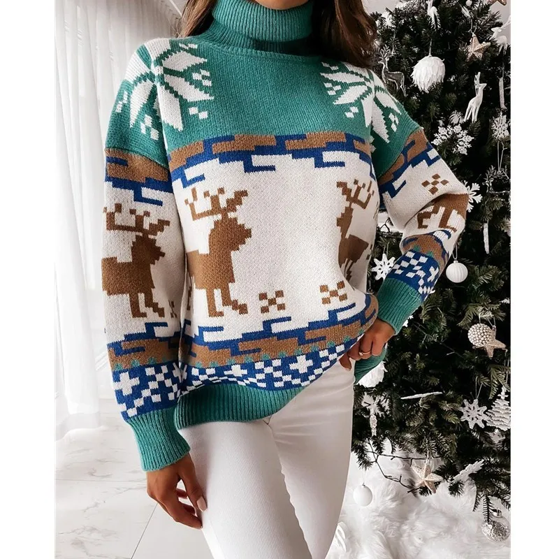 

Christmas Turtleneck Autumn Winter Sweater Women Vintage Long Sleeve Animal Female Pullover Red Fashion Lady Jumper 2021