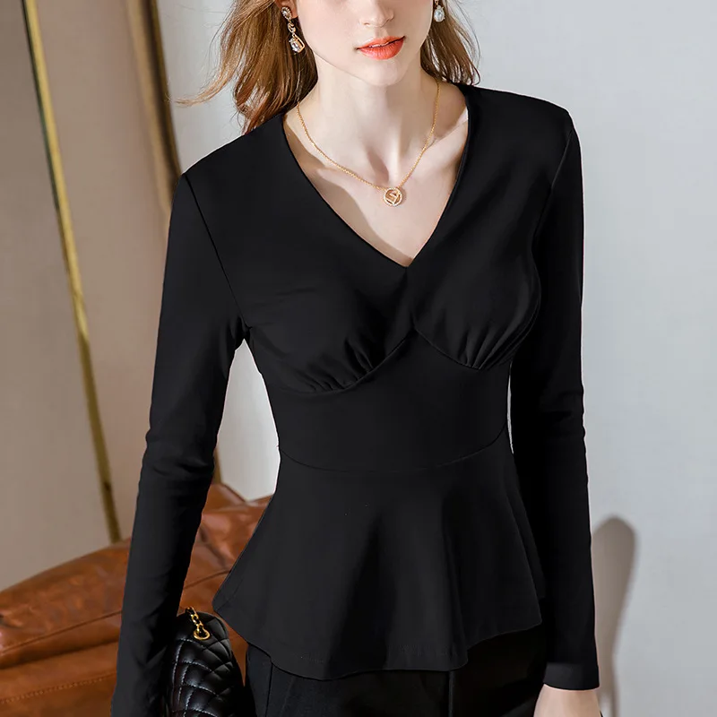 

Long sleeve T-shirt women's new year women's new women's cotton T-shirt waist, foreign style, sexy V-neck, clavicle top