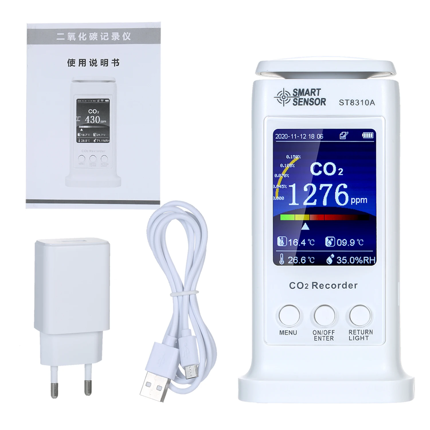 

SMART SENSOR Air Quality Detector USB Rechargeable CO2 Meter Temperature Humidity Monitor LCD CO2 Monitor Carbon Dioxide Tester